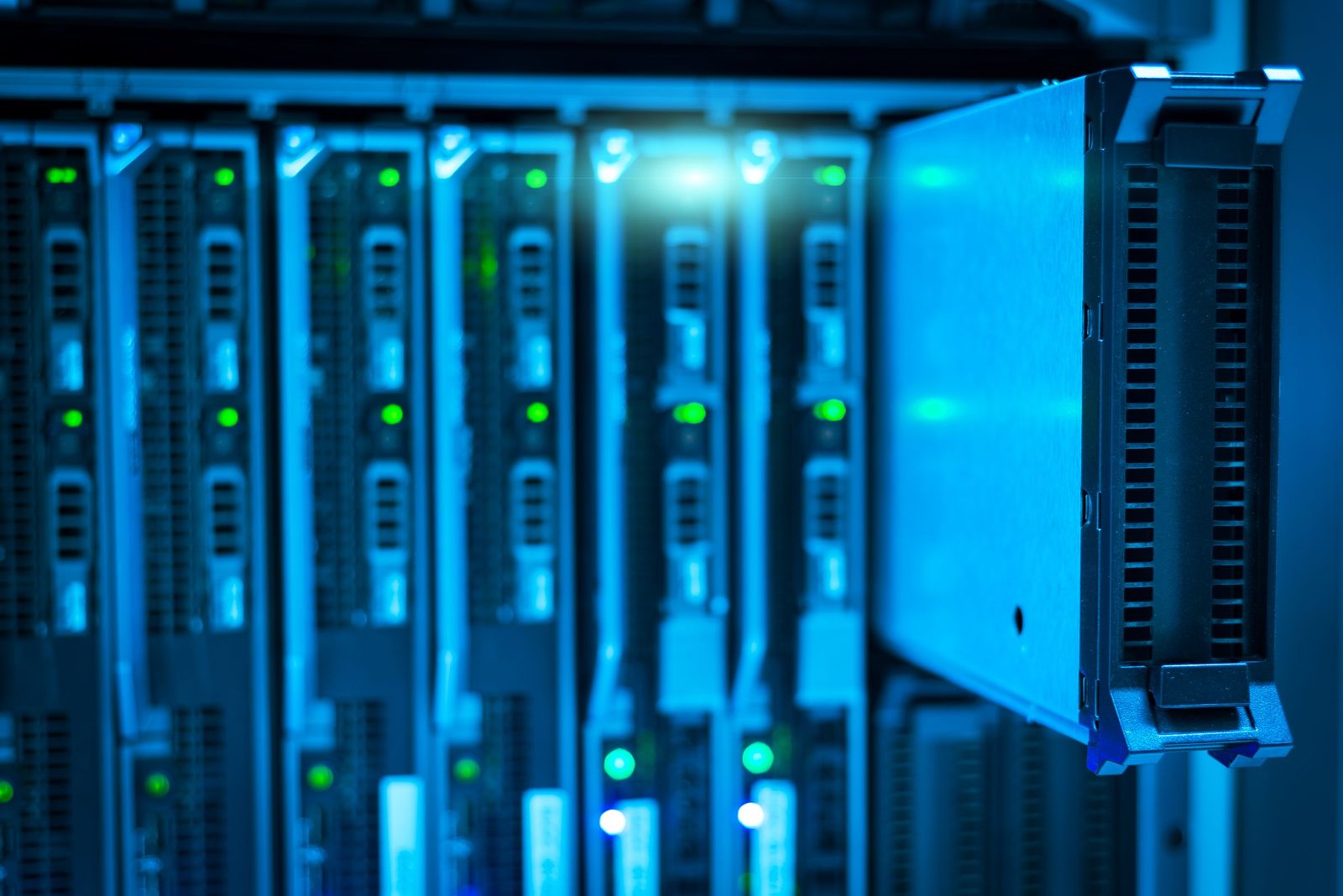 Close-up of a data center server rack showing network hardware and cabling