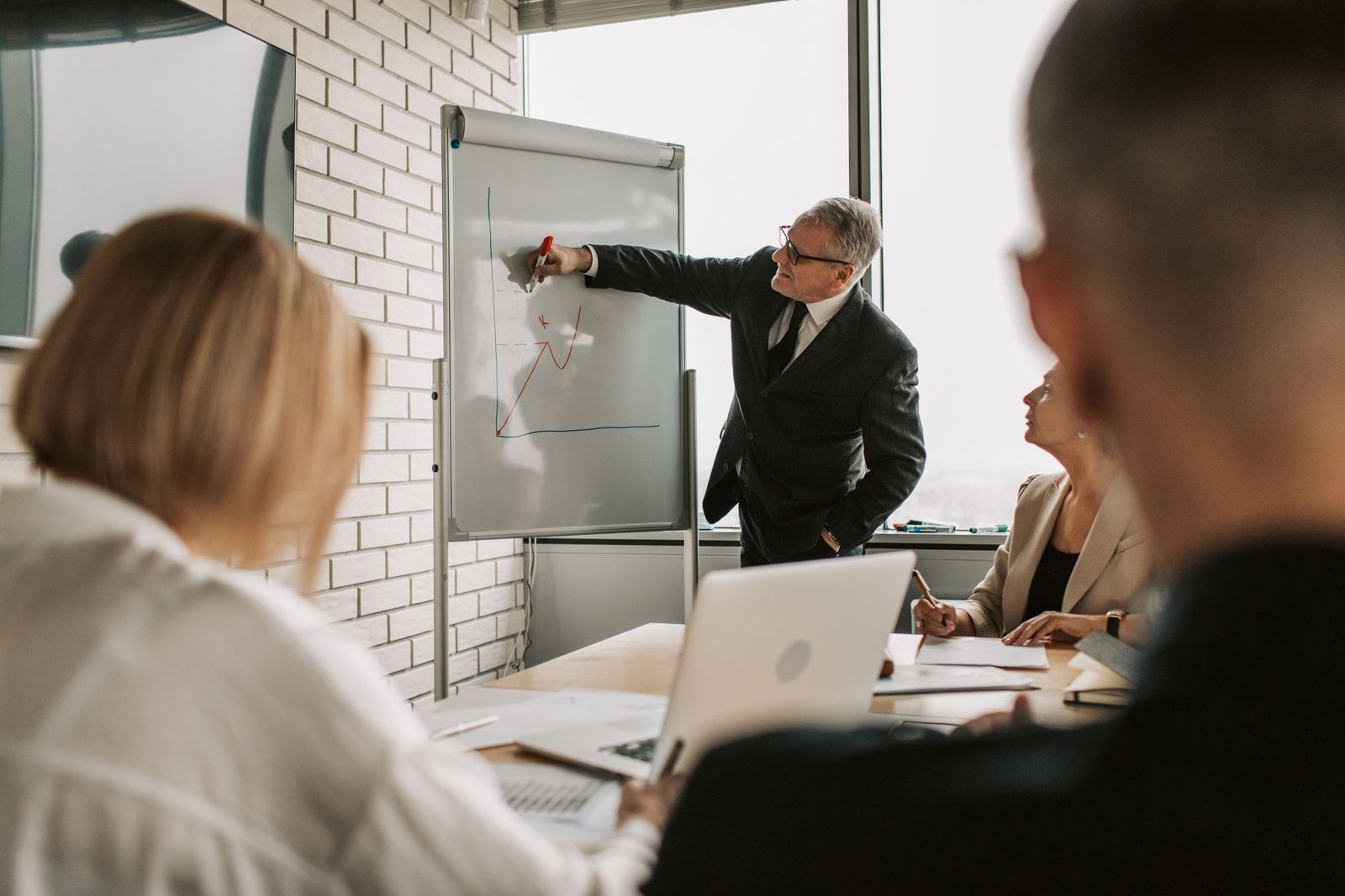 A business team engaged in a strategy meeting with a presentation on a whiteboard